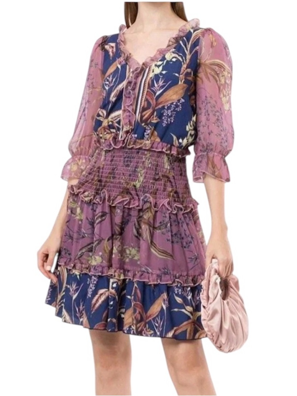 MARCHESA NOTTE Smocked Floral Tiered Chiffon Dress Purple & Navy Size 4